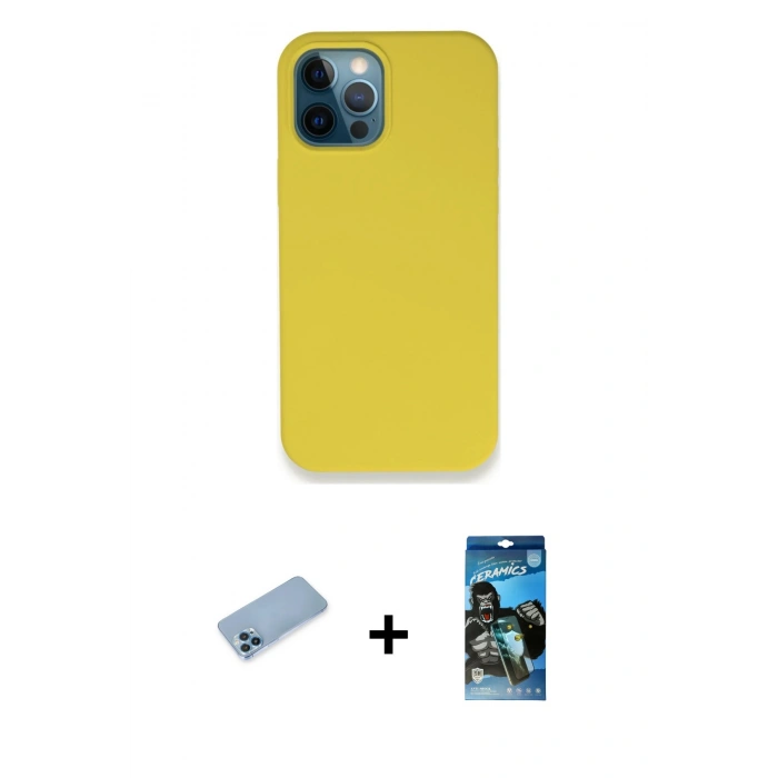 MARSİLYAN™- iPhone 12 Pro Max Kılıf Zirve Modern Özel Seri - Siyah 34D Izgaralı Cam + Mavi Shine Kamera Lens Koruma Cam