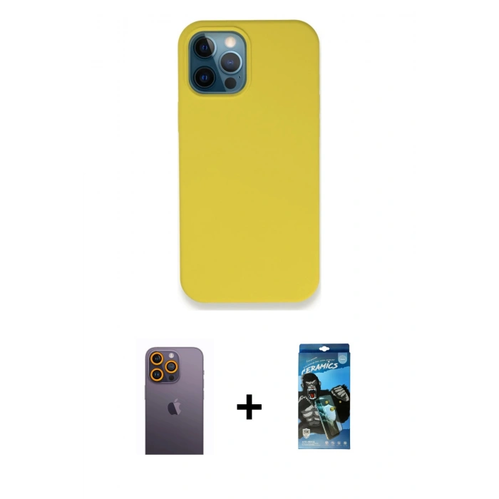 MARSİLYAN™- iPhone 12 Pro Max Kılıf Zirve Modern Özel Seri - Siyah 34D Izgaralı Cam + Neon Fosforlu Kamera Lens - SI