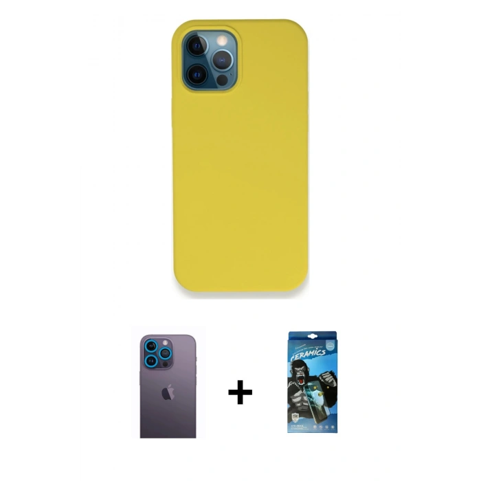 MARSİLYAN™- iPhone 12 Pro Max Kılıf Zirve Modern Özel Seri - Siyah 34D Izgaralı Cam + Neon Fosforlu Kamera Lens - MI