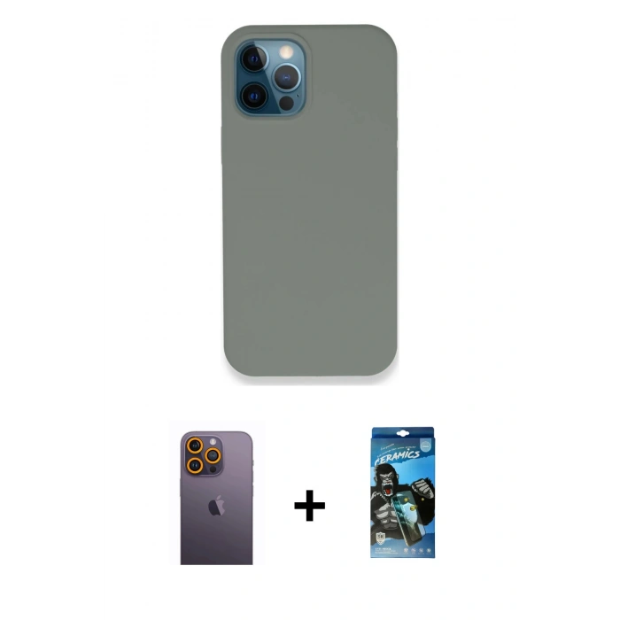 MARSİLYAN™- iPhone 12 Pro Max Kılıf Zirve Modern Özel Seri - Siyah 34D Izgaralı Cam + Neon Fosforlu Kamera Lens - SI