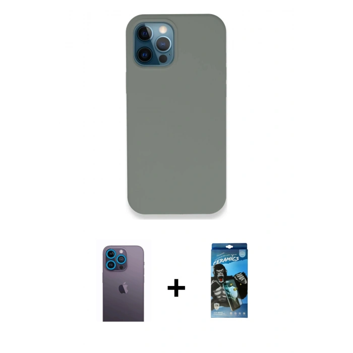 MARSİLYAN™- iPhone 12 Pro Max Kılıf Zirve Modern Özel Seri - Siyah 34D Izgaralı Cam + Neon Fosforlu Kamera Lens - MI
