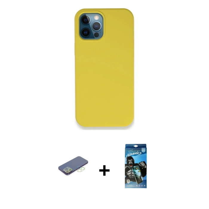 MARSİLYAN™- iPhone 12 Pro Max Kılıf Zirve Modern Özel Seri - Siyah 34D Izgaralı Cam + Renkli Kamera Lens Koruma Cam - YL