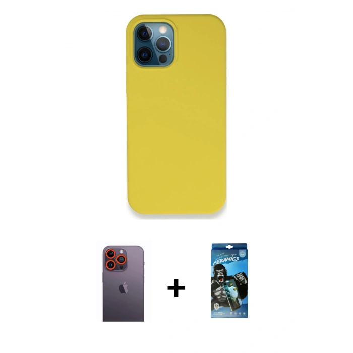MARSİLYAN™- iPhone 12 Pro Max Kılıf Zirve Modern Özel Seri - Siyah 34D Izgaralı Cam + Neon Fosforlu Kamera Lens - TU