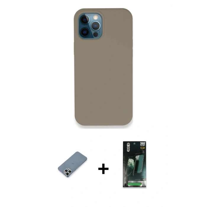 MARSİLYAN™- iPhone 12 Pro Max Kılıf Zirve Modern Özel Seri - Siyah 360 Mat Full Body Arka Koruyucu + Gümüş Metal Kamera Lens Koruma Cam