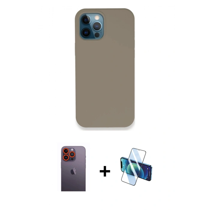 MARSİLYAN™- iPhone 12 Pro Max Kılıf Zirve Modern Özel Seri - Siyah 3D Antistatik Cam Ekran Koruyucu + Turuncu Neon Fosforlu Kamera Lens