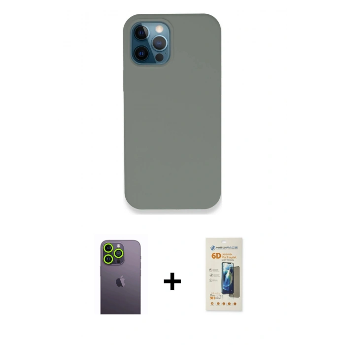 MARSİLYAN™- iPhone 12 Pro Max Kılıf Zirve Modern Özel Seri - Siyah 6D Mat Seramik Hayalet Nano Ekran Koruyucu + Neon Fosforlu Kamera Lens - YL