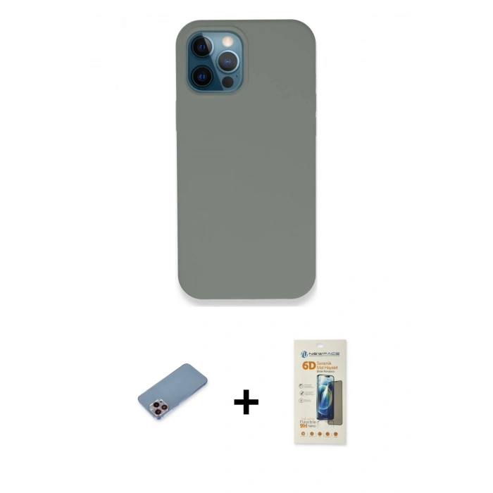 MARSİLYAN™- iPhone 12 Pro Max Kılıf Zirve Modern Özel Seri - Siyah 6D Mat Seramik Hayalet Nano Ekran Koruyucu + Shine Kamera Lens Koruma Cam - PE
