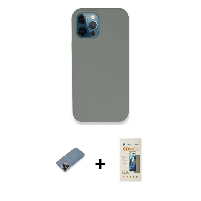 MARSİLYAN™- iPhone 12 Pro Max Kılıf Zirve Modern Özel Seri - Siyah 6D Mat Seramik Hayalet Nano Ekran Koruyucu + Siyah Shine Kamera Lens Koruma Cam