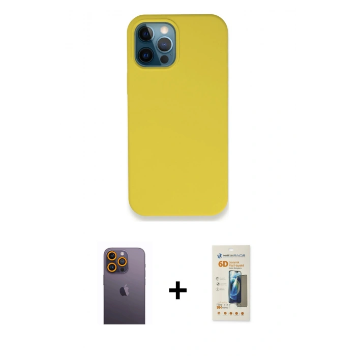 MARSİLYAN™- iPhone 12 Pro Max Kılıf Zirve Modern Özel Seri - Siyah 6D Mat Seramik Hayalet Nano Ekran Koruyucu + Neon Fosforlu Kamera Lens - SI