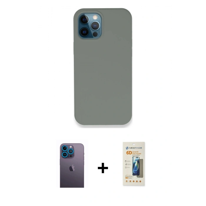 MARSİLYAN™- iPhone 12 Pro Max Kılıf Zirve Modern Özel Seri - Siyah 6D Mat Seramik Hayalet Nano Ekran Koruyucu + Neon Fosforlu Kamera Lens - MI
