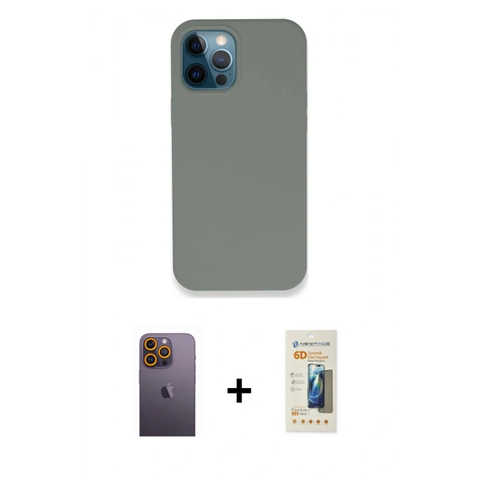 MARSİLYAN™- iPhone 12 Pro Max Kılıf Zirve Modern Özel Seri - Siyah 6D Mat Seramik Hayalet Nano Ekran Koruyucu + Neon Fosforlu Kamera Lens - SI
