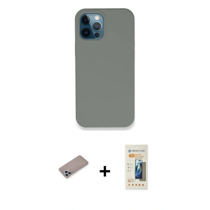 MARSİLYAN™- iPhone 12 Pro Max Kılıf Zirve Modern Özel Seri - Siyah 6D Mat Seramik Hayalet Nano Ekran Koruyucu + Sierra Blue Shine Kamera Lens Koruma Cam