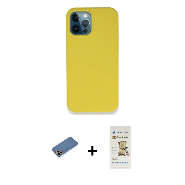 MARSİLYAN™- iPhone 12 Pro Max Kılıf Zirve Modern Özel Seri - Siyah Mat Seramik Nano Ekran Koruyucu + Shine Kamera Lens Koruma Cam - GD