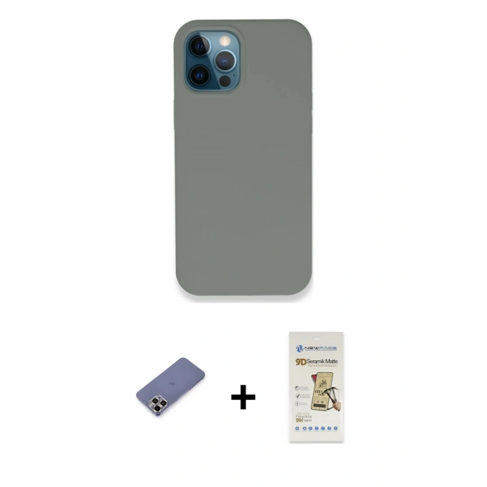 MARSİLYAN™- iPhone 12 Pro Max Kılıf Zirve Modern Özel Seri - Siyah Mat Seramik Nano Ekran Koruyucu + Metal Kamera Lens Koruma Cam - GD