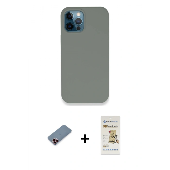 MARSİLYAN™- iPhone 12 Pro Max Kılıf Zirve Modern Özel Seri - Siyah Mat Seramik Nano Ekran Koruyucu + Metal Kamera Lens Koruma Cam - KI