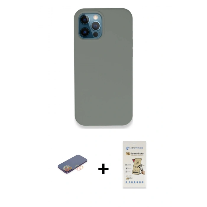 MARSİLYAN™- iPhone 12 Pro Max Kılıf Zirve Modern Özel Seri - Siyah Mat Seramik Nano Ekran Koruyucu + Renkli Kamera Lens Koruma Cam - TU
