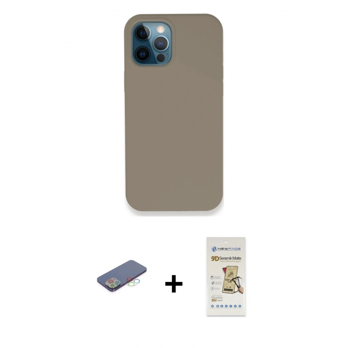 MARSİLYAN™- iPhone 12 Pro Max Kılıf Zirve Modern Özel Seri - Siyah Mat Seramik Nano Ekran Koruyucu + Renkli Kamera Lens Koruma Cam - MI