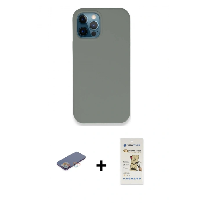 MARSİLYAN™- iPhone 12 Pro Max Kılıf Zirve Modern Özel Seri - Siyah Mat Seramik Nano Ekran Koruyucu + Renkli Kamera Lens Koruma Cam - PE