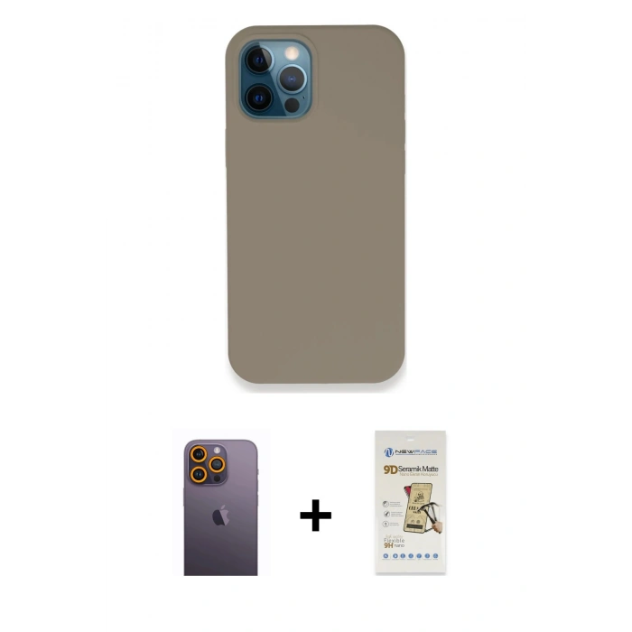 MARSİLYAN™- iPhone 12 Pro Max Kılıf Zirve Modern Özel Seri - Siyah Mat Seramik Nano Ekran Koruyucu + Sarı Neon Fosforlu Kamera Lens