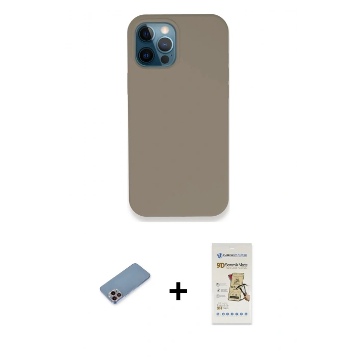MARSİLYAN™- iPhone 12 Pro Max Kılıf Zirve Modern Özel Seri - Siyah Mat Seramik Nano Ekran Koruyucu + Shine Kamera Lens Koruma Cam - PE