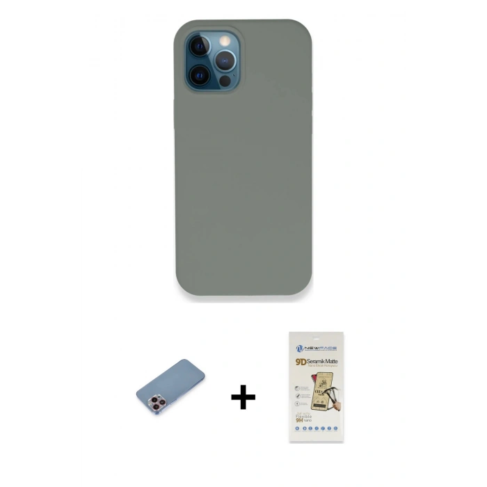 MARSİLYAN™- iPhone 12 Pro Max Kılıf Zirve Modern Özel Seri - Siyah Mat Seramik Nano Ekran Koruyucu + Shine Kamera Lens Koruma Cam - PE