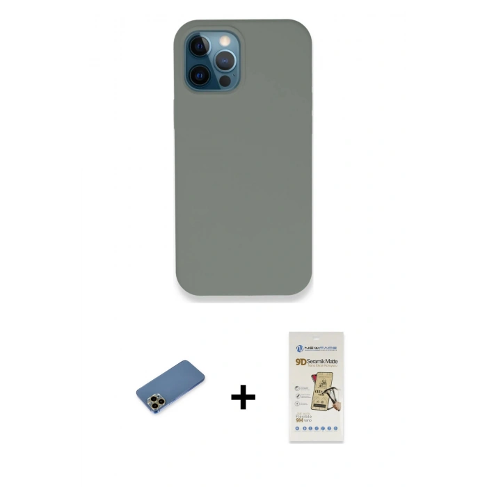 MARSİLYAN™- iPhone 12 Pro Max Kılıf Zirve Modern Özel Seri - Siyah Mat Seramik Nano Ekran Koruyucu + Shine Kamera Lens Koruma Cam - GD