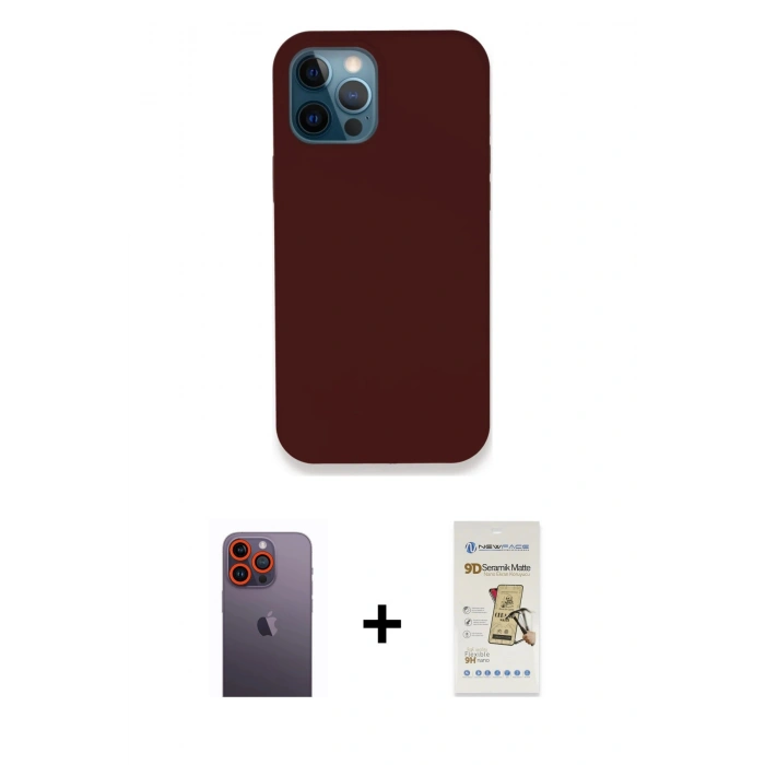 MARSİLYAN™- iPhone 12 Pro Max Kılıf Zirve Modern Özel Seri - Siyah Mat Seramik Nano Ekran Koruyucu + Turuncu Neon Fosforlu Kamera Lens
