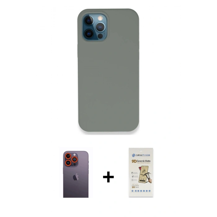 MARSİLYAN™- iPhone 12 Pro Max Kılıf Zirve Modern Özel Seri - Siyah Mat Seramik Nano Ekran Koruyucu + Turuncu Neon Fosforlu Kamera Lens
