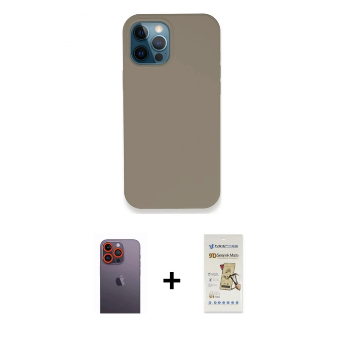 MARSİLYAN™- iPhone 12 Pro Max Kılıf Zirve Modern Özel Seri - Siyah Mat Seramik Nano Ekran Koruyucu + Turuncu Neon Fosforlu Kamera Lens