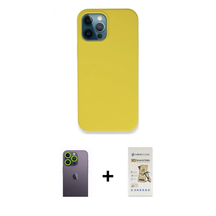 MARSİLYAN™- iPhone 12 Pro Max Kılıf Zirve Modern Özel Seri - Siyah Mat Seramik Nano Ekran Koruyucu + Neon Fosforlu Kamera Lens - YL