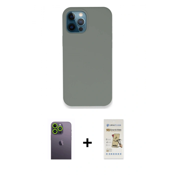 MARSİLYAN™- iPhone 12 Pro Max Kılıf Zirve Modern Özel Seri - Siyah Mat Seramik Nano Ekran Koruyucu + Neon Fosforlu Kamera Lens - YL