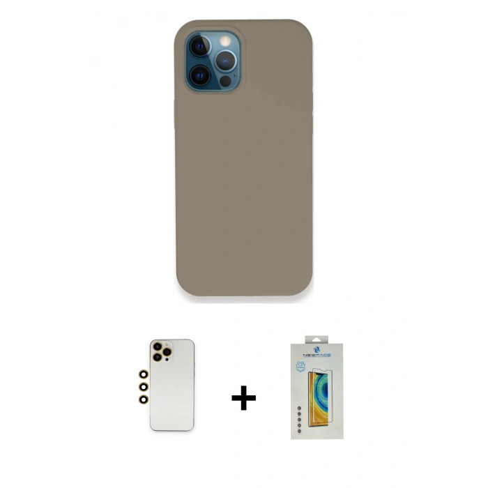 MARSİLYAN™- iPhone 12 Pro Max Kılıf Zirve Modern Özel Seri - Siyah Polymer Nano Ekran Koruyucu + Gold Shine Kamera Lens