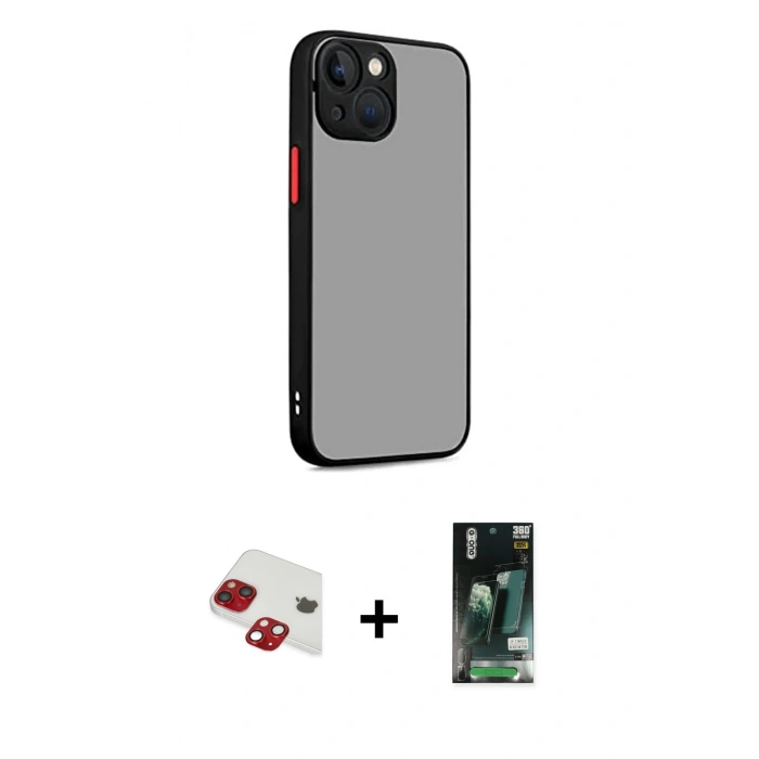 MARSİLYAN™- iPhone 13 Kılıf Ahenk Çizgi Serisi - Şeffaf 360 Full Body Arka Koruyucu + Kırmızı Pers Alüminyum Kamera Lens