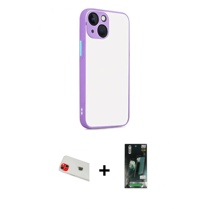 MARSİLYAN™- iPhone 13 Kılıf Ahenk Çizgi Serisi - Şeffaf 360 Full Body Arka Koruyucu + Rainbow Kamera Lens Koruma Cam - KI