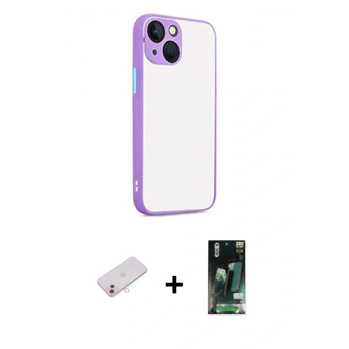 MARSİLYAN™- iPhone 13 Kılıf Ahenk Çizgi Serisi - Şeffaf 360 Full Body Arka Koruyucu + Renkli Kamera Lens Koruma Cam - YL