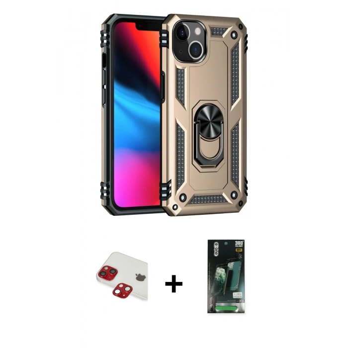 MARSİLYAN™- iPhone 13 Kılıf Ahenk Klasik Koleksiyonu - Şeffaf 360 Full Body Arka Koruyucu + Kırmızı Pers Alüminyum Kamera Lens