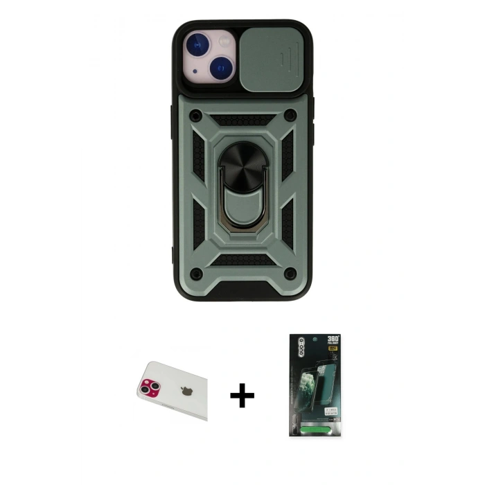 MARSİLYAN™- iPhone 13 Kılıf Ahenk Klasik - Şeffaf 360 Full Body Arka Koruyucu + Rainbow Kamera Lens Koruma Cam - KI