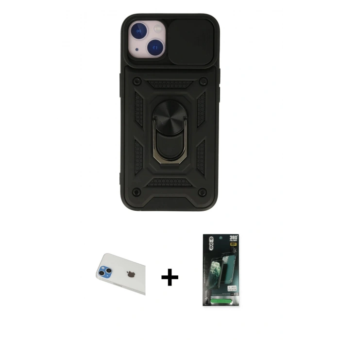 MARSİLYAN™- iPhone 13 Kılıf Ahenk Klasik - Şeffaf 360 Full Body Arka Koruyucu + Mavi Rainbow Kamera Lens Koruma Cam
