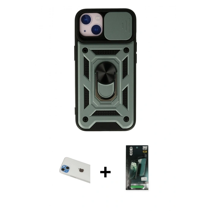 MARSİLYAN™- iPhone 13 Kılıf Ahenk Klasik - Şeffaf 360 Full Body Arka Koruyucu + Mavi Rainbow Kamera Lens Koruma Cam
