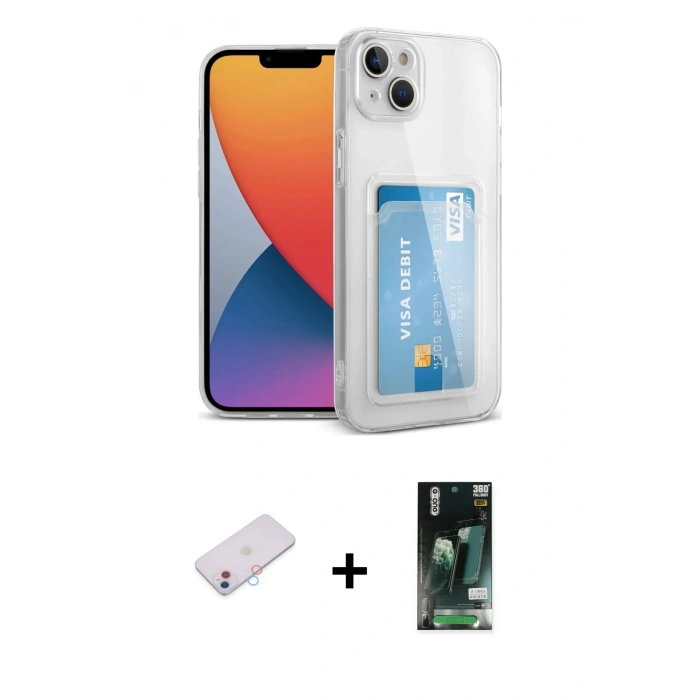 MARSİLYAN™- iPhone 13 Kılıf Doruk Klasik Koleksiyonu - Şeffaf 360 Full Body Arka Koruyucu + Renkli Kamera Lens Koruma Cam - PE