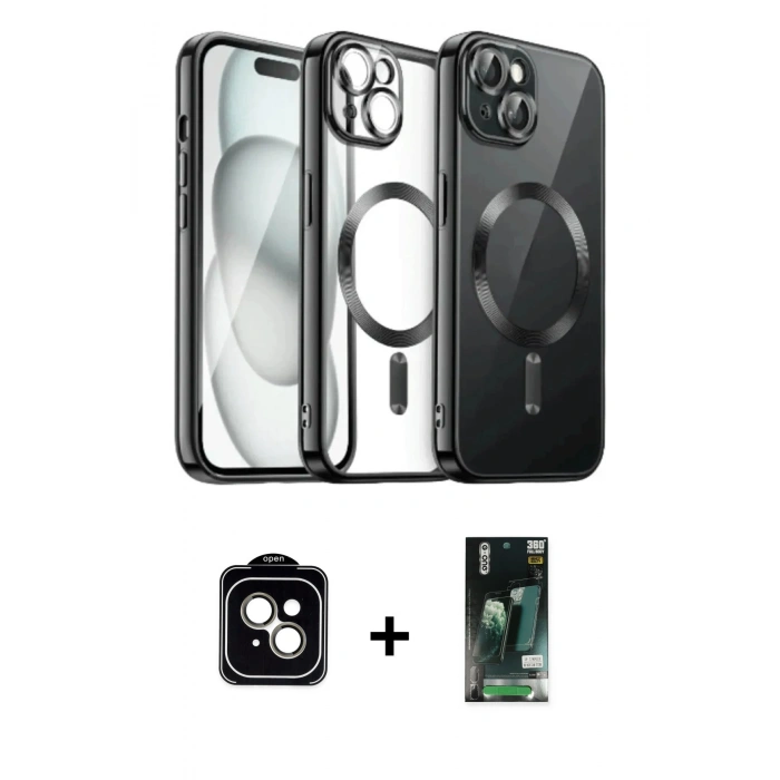 MARSİLYAN™- iPhone 13 Kılıf Nova Işık Özel Seri - Şeffaf 360 Full Body Arka Koruyucu + Natural Grey PVD Metal Kamera Lens