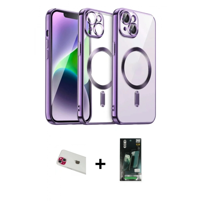 MARSİLYAN™- iPhone 13 Kılıf Nova Işık Özel Seri - Şeffaf 360 Full Body Arka Koruyucu + Rainbow Kamera Lens Koruma Cam - KI