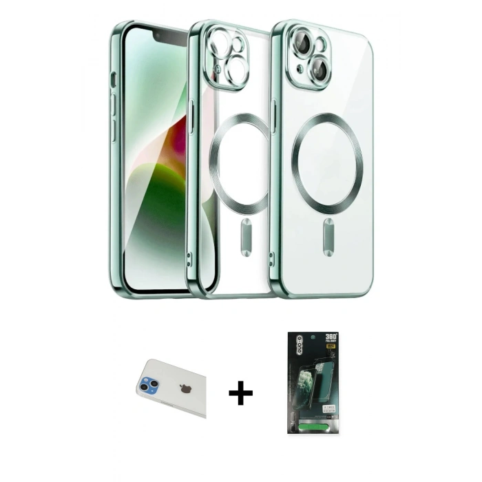 MARSİLYAN™- iPhone 13 Kılıf Nova Işık Özel Seri - Şeffaf 360 Full Body Arka Koruyucu + Rainbow Kamera Lens Koruma Cam - MI