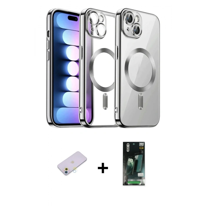 MARSİLYAN™- iPhone 13 Kılıf Nova Işık Özel Seri - Şeffaf 360 Full Body Arka Koruyucu + Renkli Kamera Lens Koruma Cam - SI