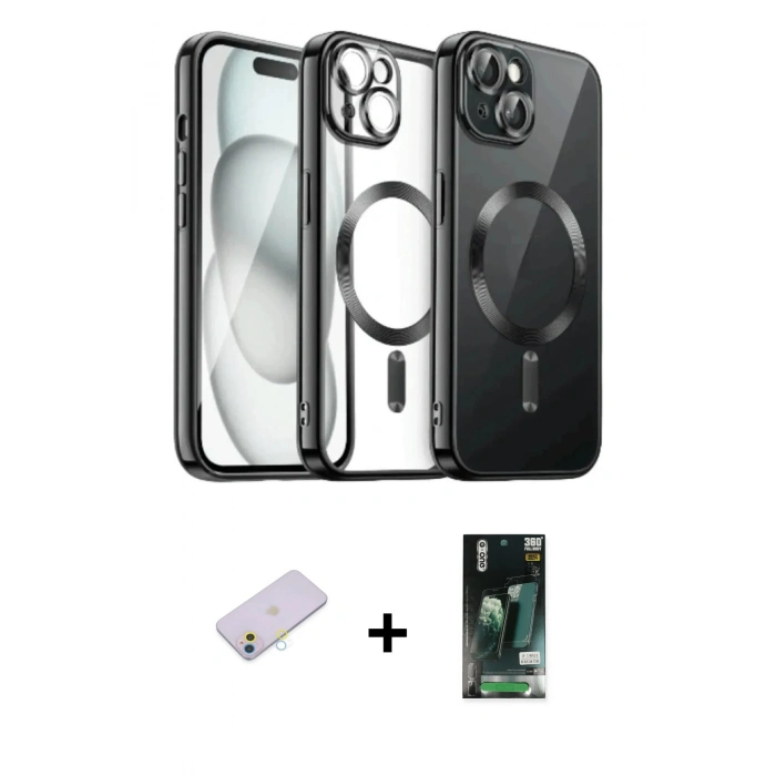 MARSİLYAN™- iPhone 13 Kılıf Nova Işık Özel Seri - Şeffaf 360 Full Body Arka Koruyucu + Renkli Kamera Lens Koruma Cam - SI