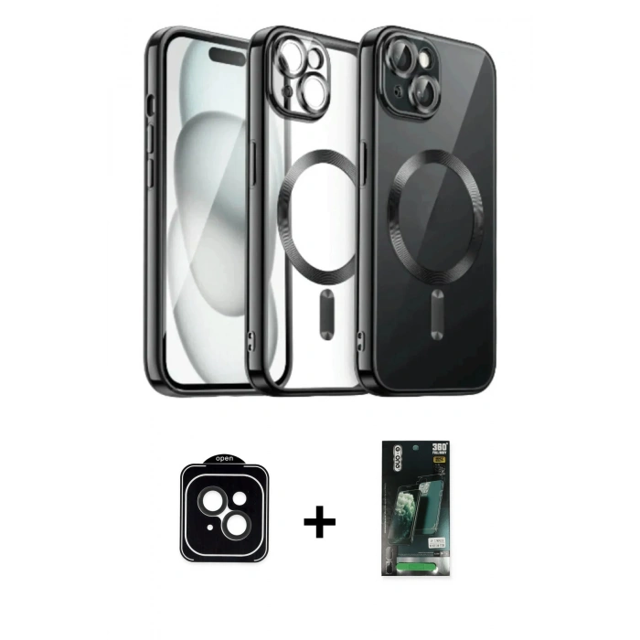 MARSİLYAN™- iPhone 13 Kılıf Nova Işık Özel Seri - Şeffaf 360 Full Body Arka Koruyucu + PVD Metal Kamera Lens - SH