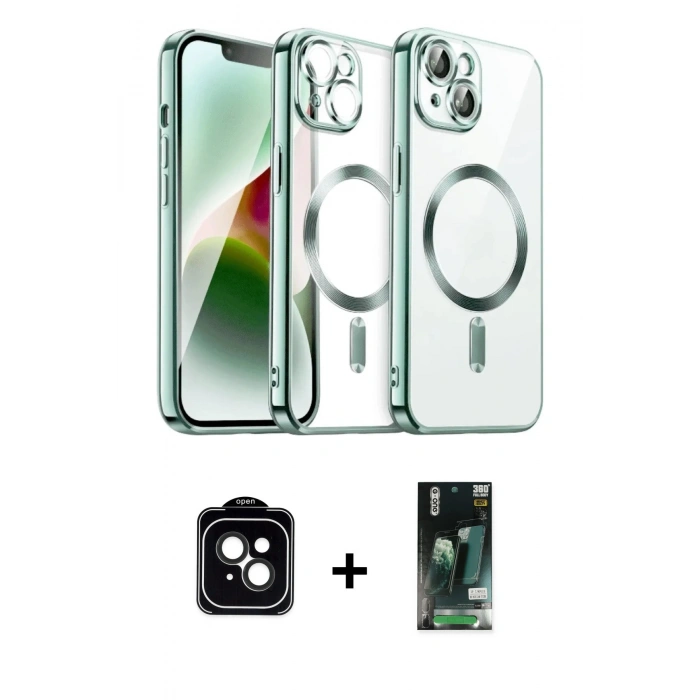 MARSİLYAN™- iPhone 13 Kılıf Nova Işık Özel Seri - Şeffaf 360 Full Body Arka Koruyucu + PVD Metal Kamera Lens - SH