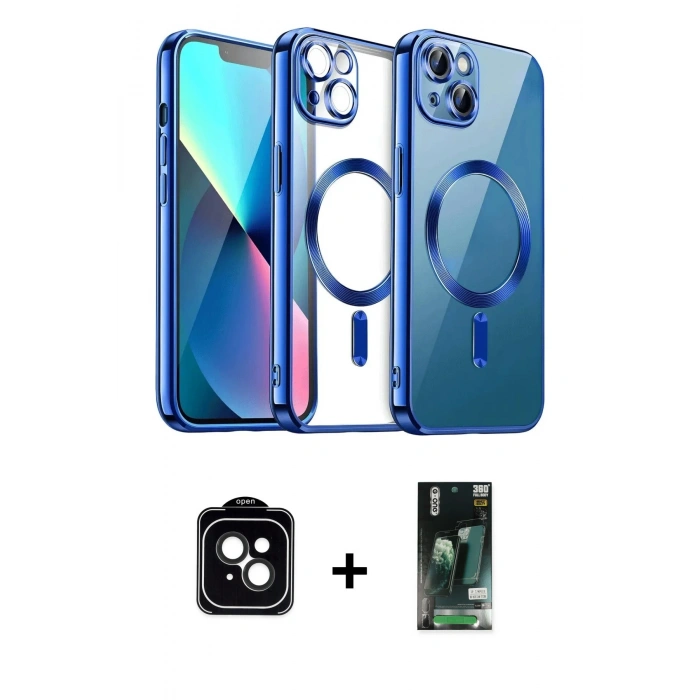 MARSİLYAN™- iPhone 13 Kılıf Nova Işık Özel Seri - Şeffaf 360 Full Body Arka Koruyucu + PVD Metal Kamera Lens - SH