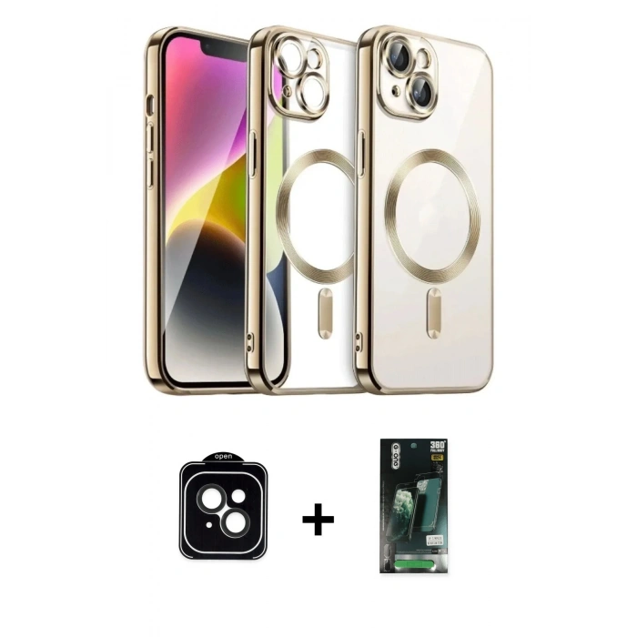 MARSİLYAN™- iPhone 13 Kılıf Nova Işık Özel Seri - Şeffaf 360 Full Body Arka Koruyucu + PVD Metal Kamera Lens - SH