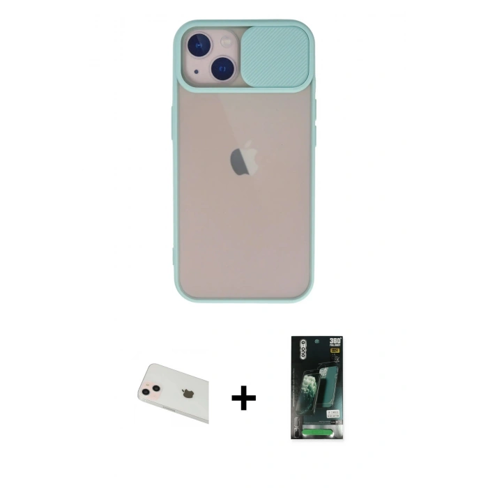 MARSİLYAN™- iPhone 13 Kılıf Vadi Çizgi - Şeffaf 360 Full Body Arka Koruyucu + Rose Gold Rainbow Kamera Lens Koruma Cam